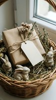 Rustic Easter gift basket with kraft paper wrapped present, blank tag, ceramic bunny figurines and dried flowers on windowsill for spring holiday celebration.