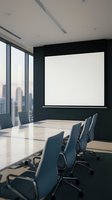 Modern corporate boardroom with blank projection screen and city skyline view through floor-to-ceiling windows for business presentations and meetings.