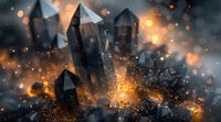 Dark mystical crystals with glowing orange bokeh lights and magical sparkles in moody atmosphere, fantasy mineral formation against dramatic background.