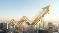 Golden arrow pointing upward over cityscape symbolizing financial growth, business success, and market expansion for corporate presentations and investment concepts.
