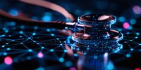 Medical stethoscope on digital network pattern with glowing blue and pink bokeh lights, representing healthcare technology and digital medicine.