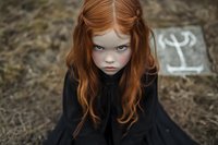 Young girl with intense gaze and fiery red hair wearing black dress against moody dark background. Atmospheric portrait with dramatic lighting and haunting expression.