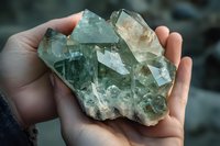 Raw aquamarine crystal cluster with translucent blue-green color and hexagonal crystal structure held in palm, showing natural mineral formation and clarity.