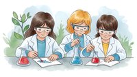Three diverse young scientists in lab coats conducting chemistry experiments with colorful beakers and flasks in bright laboratory setting.