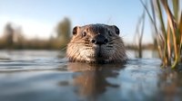 Adorable river otter swimming in calm water with whiskers and wet fur visible, natural wildlife habitat with reeds and soft lighting at golden hour.