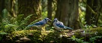 Two blue jays perched on moss-covered fallen log in lush forest setting with ferns and dappled sunlight filtering through trees creating natural woodland scene.