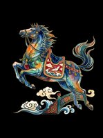 Ornate rearing horse in traditional Asian art style with colorful saddle and clouds, isolated on transparent background, for stickers, t-shirt design, print on demand.