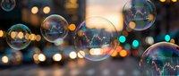 Floating soap bubbles with rainbow reflections against warm bokeh lights background creating magical atmosphere for celebration and party decoration.