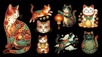 Festive Asian-style cats clipart set isolated on transparent background, featuring lucky cats, floral patterns, and lanterns, ready for stickers, t-shirt design, and print on demand.