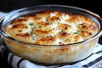 Creamy potato gratin with golden brown crust, melted cheese and fresh herbs in round glass baking dish on striped kitchen towel, close up view.