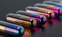 Metallic iridescent capsule pills in row showing holographic rainbow effect on dark surface, macro photography with selective focus and reflection.
