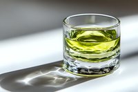 Glass of green absinthe or chartreuse liqueur with dramatic shadow on white surface, close up view in natural sunlight, minimalist drink photography.