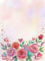 Watercolor floral border with pink roses, peonies, and hearts on soft pastel background. Isolated design element suitable for greeting cards, invitations, and wedding stationery.