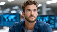 Young handsome Caucasian businessman with beard in denim shirt sitting in modern office workspace looking confident and professional for corporate content.