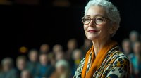 Elegant senior woman with silver hair and glasses wearing animal print and orange scarf smiling confidently against blurred audience background.