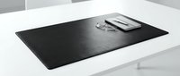 Black leather desk pad with smartphone and pen on white office table, suitable for corporate workspace design and business stationery mockups.