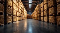Large industrial warehouse interior with towering stacks of cardboard boxes creating organized aisles for logistics and distribution operations.