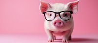 Adorable pink piglet wearing black-rimmed glasses against pink background, close-up portrait showing smart and playful expression. For business or education concepts.