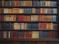 Vintage library bookshelf with colorful antique books collection for education, literature and academic research backgrounds.