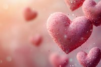 Pink glowing hearts with sparkles and bokeh effects floating on blurred romantic background, soft focus macro view for Valentine's Day designs.