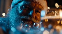 Close up portrait of senior bearded man in Santa hat with magical sparkles and blue lighting, creating mystical Christmas atmosphere. Holiday season concept.