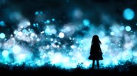 Silhouette of young girl standing in magical night field with glowing blue bokeh lights and dreamy atmosphere, dark fantasy artistic scene.