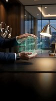 Businessman hands protecting holographic financial data charts and graphs in modern office environment for business analytics and investment planning.