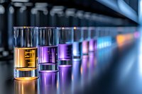 Laboratory glass beakers with colorful liquid chemicals in row showing gradient from orange to purple, illuminated on reflective surface in science lab.