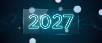 Futuristic neon 2027 number display with glowing cyan light effects and bokeh particles on dark background for New Year celebration and future concepts.