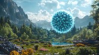 Glowing blue virus sphere floating over scenic mountain landscape with lake, wildflowers, and evergreen forest under dramatic cloudy sky. Medical science concept.
