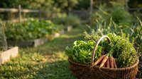 Fresh organic vegetables and herbs in wicker basket at community garden with raised beds. Sustainable farming and healthy eating concept for harvest season.