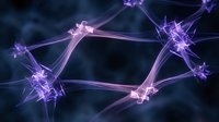 Abstract purple neural network connections with glowing nodes and synapses on dark background for technology and science concepts.