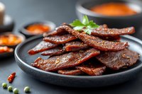 Spicy dried meat jerky strips on dark plate with chili sauce bowls and herbs for snack food packaging and culinary marketing materials.