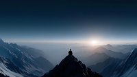 Person silhouette meditating on mountain peak at sunrise with layered mountain ranges and golden light rays creating peaceful spiritual atmosphere.