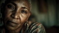 Close-up portrait of mature African woman with weathered face showing wisdom and life experience, warm lighting creates emotional depth and storytelling mood.