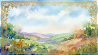 Watercolor countryside landscape with rolling hills, pastoral fields, and ornate golden decorative border frame with wildlife silhouettes for design projects.