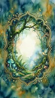 Watercolor enchanted forest frame with golden ornate border, mushrooms, ferns and magical woodland elements for fairy tale designs and fantasy projects.