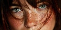 Young Caucasian woman with striking green eyes and natural freckles, tousled auburn hair framing face in close-up portrait for beauty and skincare concepts.