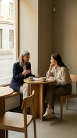 Two professional women having coffee meeting conversation at modern cafe table by window discussing business collaboration and networking.