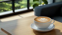 Steaming hot cappuccino with heart-shaped latte art foam design served in white ceramic cup on wooden table near window, natural lighting creates cozy atmosphere.