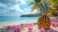 Tropical pineapple with pink hibiscus flowers on sandy beach with palm trees and turquoise ocean water under cloudy sky for summer vacation concept.