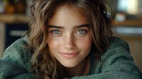 Young woman with bright blue eyes and natural wavy brown hair wearing cozy green sweater smiles warmly at camera in soft natural lighting, creating intimate portrait.