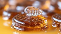 Macro shot of golden honey drops with crystal clear water droplets creating natural lens effect on amber surface in warm lighting, showing liquid viscosity and texture.