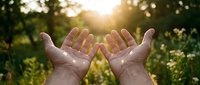 Open hands reaching toward golden sunlight in a lush green meadow, symbolizing hope, gratitude, spirituality, and connection with nature.