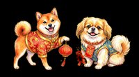 Two festive dogs in traditional Asian outfits celebrating lunar new year, holding lantern and firecrackers, isolated on transparent background, ready for stickers, t-shirt design, clipart.
