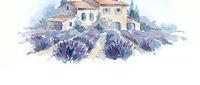 Mediterranean villa with lavender fields in watercolor style, rustic stone house surrounded by purple blooms, countryside landscape for home decor and travel designs.