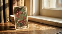 Ornate tarot card with mystical symbols displayed on wooden table near window with warm sunlight streaming through creating atmospheric shadows.