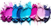 Crushed eyeshadow palette swatches in vibrant pink, blue and purple tones arranged in creative composition showing texture and pigmentation of cosmetic powder.
