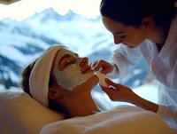 Asian female spa therapist applying facial mask to relaxed male client during luxurious mountain resort treatment with snowy peaks visible through window.