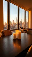 Warm candlelit dining room with city skyline view through large windows at sunset, creating cozy atmosphere for romantic dinner or intimate gathering.